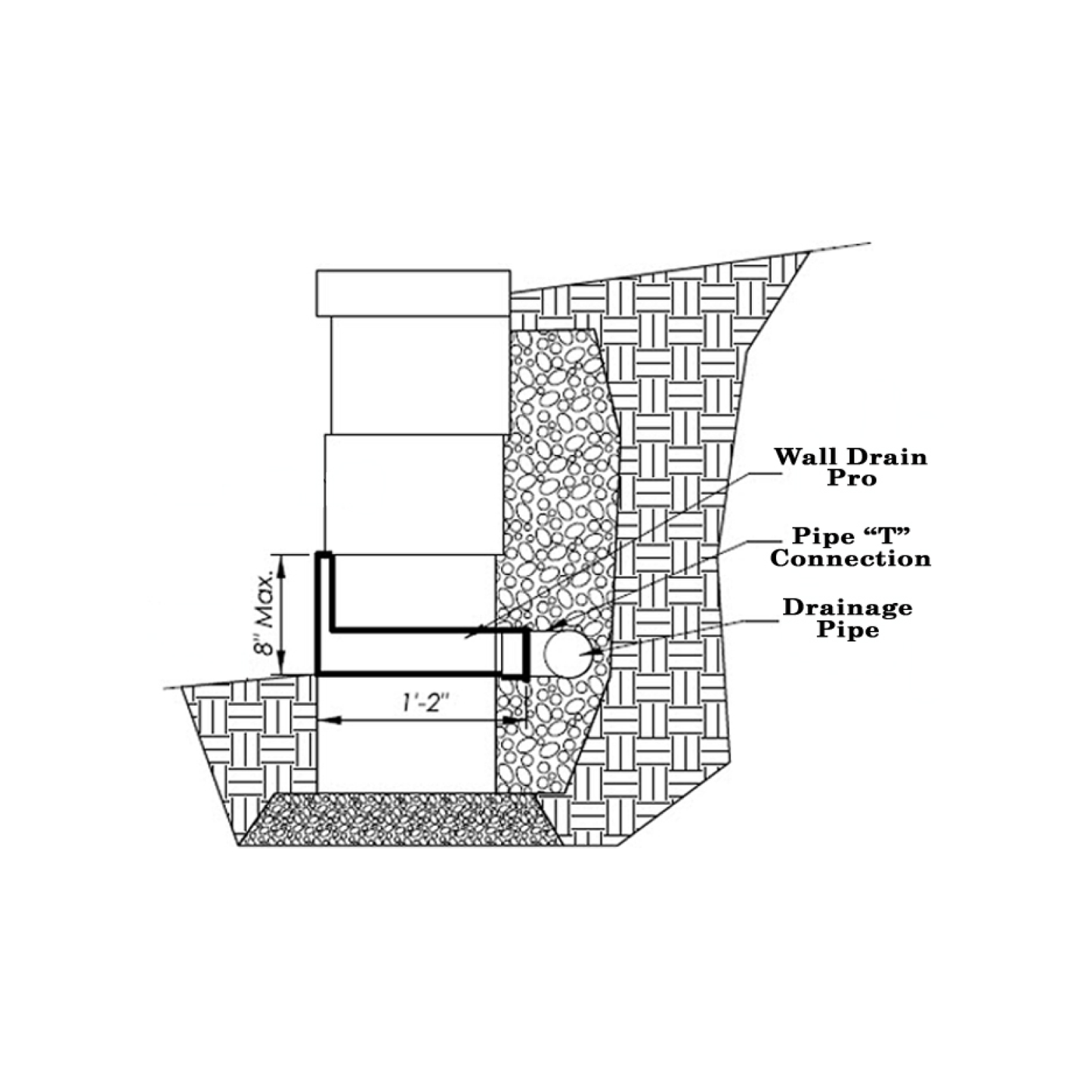 CAD detail of wall drain pro and pipe t connection